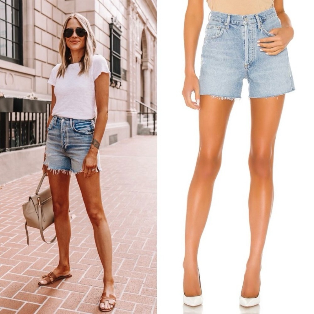 Agolde Light Wash High-Rise Frayed Hem Denim Shorts